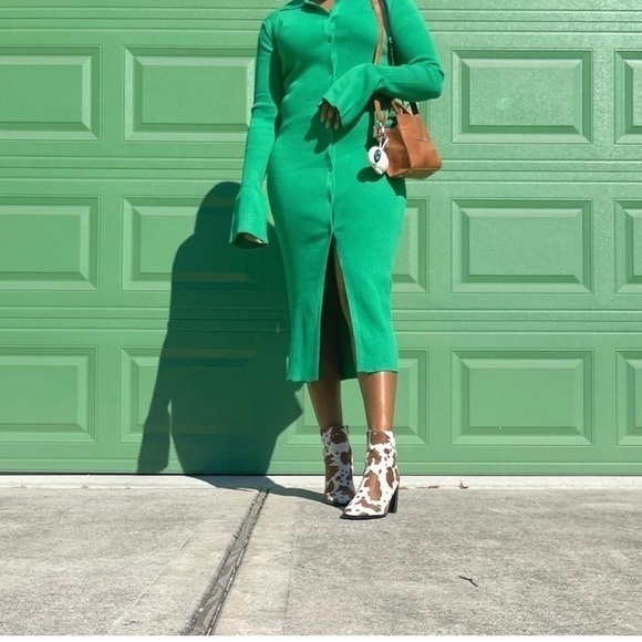 Micas Green Rib Knitted Collared Button Strips Flared Dress Size Large RefI027 - Picture 9 of 17